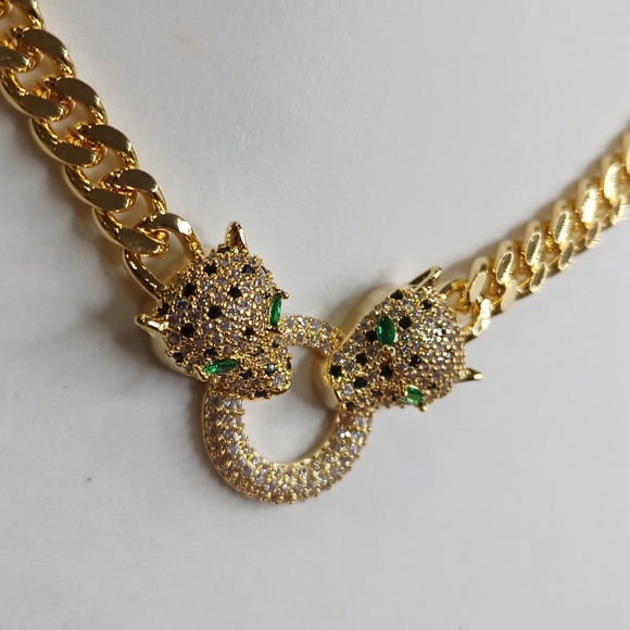 Chain 18K gold over Stainless steel Leopard panther head necklace Earrings set - Picture 5 of 9